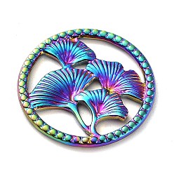 Rainbow Color Ion Plating(IP) 304 Stainless Steel Cabochon, Ring with Ginkgo Leaf, Rainbow Color, 19x1.5mm