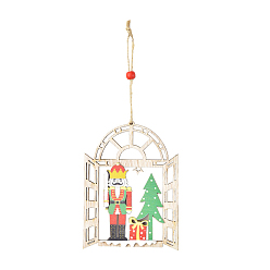 Human Christmas Theme Wood Window with Soldier Pendant Decorations, with Wood Beads and Hemp Cord Christmas Tree Hanging Decorations, 140x105mm