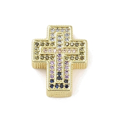 Colorful Real 18K Gold Plated Brass Micro Pave Cubic Zirconia Pendants, Cross, Colorful, 20x16x6mm, Hole: 3mm