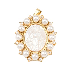 Virgin Овальные подвески из натуральной белой ракушки, с латунной оправой и искусственным жемчугом из АБС-пластика, реальный 18 k позолоченный, долговечный, без кадмия и без свинца, стойки покрытие, девственница, 35.5x29.5x6 мм, отверстие : 4.5x3.5 мм