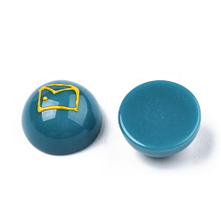 Teal Opaque Resin Enamel Cabochons, Half Round with Gold Envelope Pattern, Teal, 15x8mm
