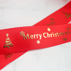 Red 25 Yards Flat Christmas Tree Printed Polyester Grosgrain Ribbons, Hot Stamping Ribbons, Red, 1 inch(25mm), about 25.00 Yards(22.86m)/Roll