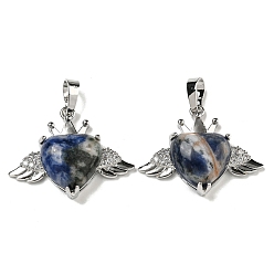 Содалитовое Натуральный содалит с подвесками из прозрачного кубического циркония, Подвески в форме сердца и крыльев с фурнитурой из латуни с металлическим покрытием, платина, без кадмия и без свинца, 25x31.5x8.5~9 мм, отверстие : 7.9x5 мм