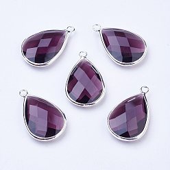 Purple Silver Tone Brass Glass Teardrop Pendants, Faceted, Purple, 30x18x7mm, Hole: 2mm