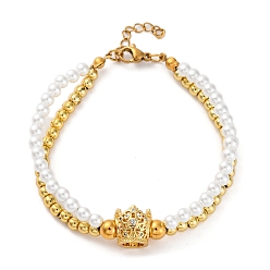 Crown Латунь многожильных браслеты, браслеты со стразами для женщин, ионное покрытие (ip), с пластиковой имитацией жемчуга и 304 карабином из нержавеющей стали, реальный 18 k позолоченный, корона, 7-1/4 дюйм(18.5см)+28удлинитель мм