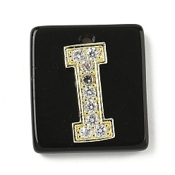Letter I Природные подвески обсидиана, прямоугольные подвески с латунной микропаве прозрачной кубической циркониевой буквой, реальный 18 k позолоченный, долговечный, стойки покрытие, Буква "i", 21x18x5 мм, отверстие : 1.4 мм