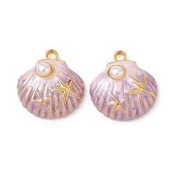 Лиловый 304 нержавеющей стальной эмали подвески, с пластмассовой жемчужиной abs, в форме ракушки с подвесками в виде морских звезд, реальный 18 k позолоченный, вакуумное покрытие pvd, сирень, 20x18.5x6 мм, отверстие : 2 мм