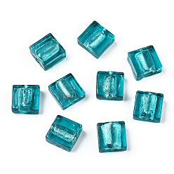Teal Handmade Silver Foil Lampwork Beads, Square, Teal, 12x12x6mm