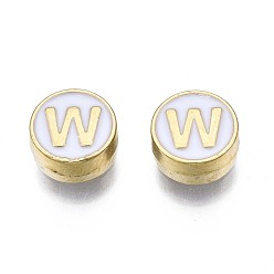 Letter W Alloy Enamel Beads, Cadmium Free & Lead Free, Light Gold, Flat Round with Alphabet, White, Letter.W, 8x4mm, Hole: 1.5mm