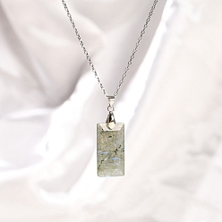 Labradorite Natural Labradorite Rectangle Pendant Necklaces, Stainless Steel Cable Chain Necklaces for Women, 15.75 inch(40cm)