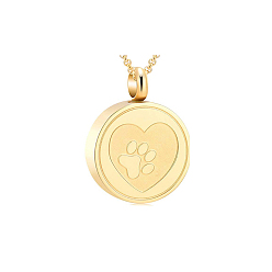 Golden Stainless Steel Flat Round with Paw Print Urn Ashes Pendant Necklace, Memorial Jewelry for Women, Golden, Pendant: 20mm In Diameter