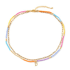 Letter D Красочные подвески с инициалами из бисера, двухслойные ожерелья, 304 ювелирные изделия из нержавеющей стали, золотые, Буква D, 16.54 дюйм (42 см)