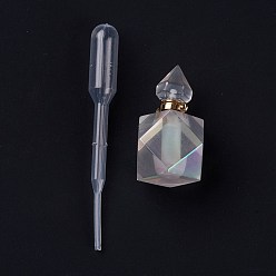 AB Color Plated Angel Aura Quartz, Faceted Natural Quartz Crystal Pendants, Openable Perfume Bottle, with Golden Tone Brass Findings and Plastic Dropper, AB Color Plated, 33.5mm, Hole: 1.6mm, Capacity: 5ml(0.17fl. oz)
