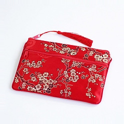 Rouge Pochettes d'emballage de bijoux en satin à motif de fleurs de style chinois, sacs cadeaux avec fermeture éclair et breloque pompon, rectangle, rouge, 11x17.5 cm