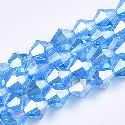 Deep Sky Blue Electroplate Glass Beads Strands, AB Color Plated, Faceted, Bicone, Deep Sky Blue, 6x5.5~6mm, Hole: 1mm, about 47~48pcs/strand, 10.83 inch(27.5cm)