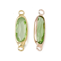 Peridot Transparent K9 Glass Connector Charms, with Light Gold Plated Brass Findings, Faceted, Rectangle Links, Peridot, 22.5x6x3.4mm, Hole: 1.7mm