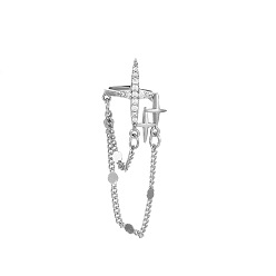 02 White K Minimalist Star Tassel Ear Clip with Rhinestones and Cross Chain, Non-Pierced Earring Jewelry