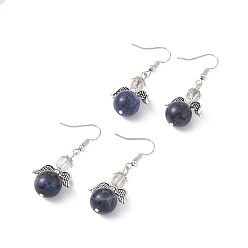Sodalite Natural Sodalite Round Beaded Fairy Dangle Earrings, Platinum Brass Jewelry for Women, Cadmium Free & Lead Free, 45mm, Pin: 0.7mm
