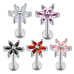 Pink 304 лабреты из нержавеющей стали с кубическим цирконием без резьбы, цветок, цвет нержавеющей стали, розовые, 8 мм, штифты : 1.2 мм