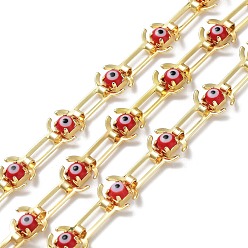 Red Handmade Glass Evil Eye Link Chains, with Real 18K Gold Plated Brass Findings, Unwelded, with Spool, Red, 8x14x1mm