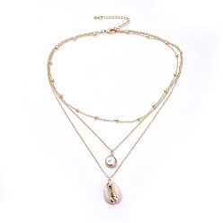 Golden Cowrie Shell and Plated Natural Baroque Pearl Keshi Pearl Tiered Necklaces, 3 Layer Necklaces, with Long-Lasting Plated Brass Extender Chains, Golden, 15.9 inch(40.5cm)
