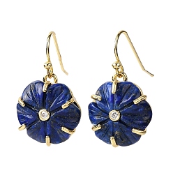 Ляпис-Лазурь Серьги-подвески с цветком из натурального лазурита, с прозрачным кубическим цирконием и латунной фурнитурой, золотые, стойки покрытие, 25x16.5 мм