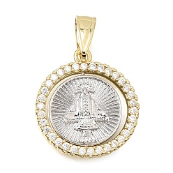 Platinum & Golden Religion Brass Micro Pave Clear Cubic Zirconia Pendants, Flat Round with Virgen de Juquila Charms, Rack Plating, Long-Lasting Plated, Cadmium Free & Lead Free, Platinum & Golden, 22.5~23x20.5~21x3mm, Hole: 7.5~8.5x5~5.5mm