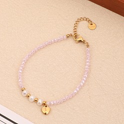 Pink Браслет из барочного натурального жемчуга и кварца, модный брелок из нержавеющей стали в форме сердца, розовые