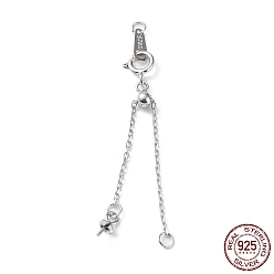Real Platinum Plated Rhodium Plated 925 Sterling Silver Chain Extenders, Slider Cable Chain with Spring Clasp & S925 Stamp, for Half Drilled Pearl Beads, Real Platinum Plated, 46~71mm