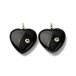 Обсидиан Природные подвески обсидиана, подвески в форме сердца с латунной микропаве из прозрачных кубических цирконий, золотые, 30~32x25x8 мм, отверстие : 1.5 мм