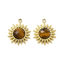 Tiger Eye Natural Tiger Eye Pendants, Faceted Sun Charms, with Vacuum Plating Real 18K Gold Plated 201 Stainless Steel Findings, 17x14x4mm, Hole: 1.5mm
