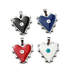 Mixed Color 304 Stainless Steel Pendants, with Enamel, Heart with Evil Eye Charm, Stainless Steel Color, Mixed Color, 21x21x3mm, Hole: 5x3.5mm