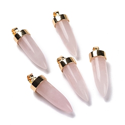 Rose Quartz Natural Rose Quartz Pointed Pendants, Cone Charms, with Golden Tone Alloy and Iron Findings, 42.5~46x14~15mm, Hole: 8x6mm