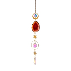 FireBrick Nuggets Natural Agate Slice Pendant Decorations, Hanging Suncatchers, with Iron Findings, Glass Charms, for Home Decoration, Moon & Sun & Bullet, FireBrick, 43~45cm