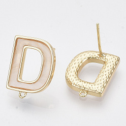 Real 18K Gold Plated Brass Stud Earring Findings, with Shell and Loop, Nickel Free, Letter D, Creamy White, Real 18K Gold Plated, 16x12mm, Hole: 1mm, Pin: 0.8mm