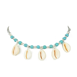 Platinum Natural Shell Bib Necklace, with Synthetic Turquoise Beaded Chains, Platinum, 17.09 inch(43.4cm)