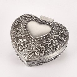 Argent Antique Boîtes à bijoux princesse classique européenne, boîtes à bijoux en alliage sculpté de fleurs, pour cadeau d'artisanat, cœur, couleur étain antique, 6x6x3.2 cm