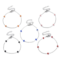 Mixed Color 304 Stainless Steel Cable Chain Bracelet with Enamel Rondelle Beaded, Satellite Chains Bracelet, Mixed Color, 6-1/4 inch(16cm)