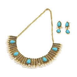 Antique Golden Bohemia Style Alloy Teardrop Jewelry Set, Acrylic Imitation Turquoise Beaded Dangle Stud Earrings & Bib Necklace, Antique Golden, Necklaces: 417mm; Earring: 42.5x16mm