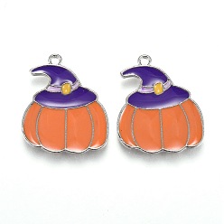 Platinum Halloween Theme Alloy Enamel Pendants, Orange Pumpkin with Purple Magic Hat, Platinum, 22x18.5x1.5mm, Hole: 1.6mm