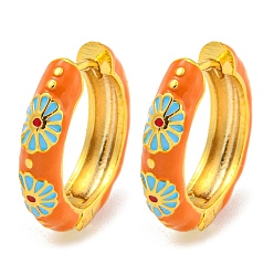 Оранжевый Латунные серьги обруча, с цветочной эмалью, без кадмия и без свинца, долговечный, реальный 18 k позолоченный, оранжевые, 19x4.5 мм