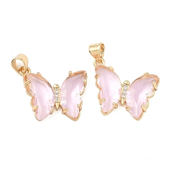Бледно-Розовый Латунные микропаве прозрачные подвески с фианитом, со стеклом, бабочка, золотые, розовый жемчуг, 20x26.5x5 мм