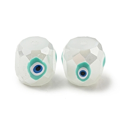 Turquoise Opaque Glass Beads, with Enamel, Faceted, Drum with Evil Eye Pattern, Turquoise, 10.5x10.5mm, Hole: 1.6mm