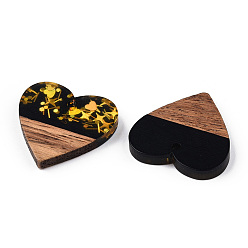 Black Opaque Resin & Walnut Wood Pendants, Heart Charms with Paillettes, Black, 24x25x3.5~4mm, Hole: 2mm