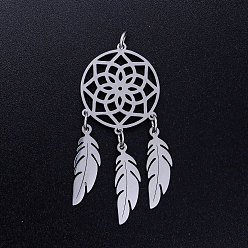 Stainless Steel Color 201 Stainless Steel Pendants, with Jump Rings, Woven Net/Web with Feather, Stainless Steel Color, 46x20x1mm, Hole: 3mm, Ring: 5x0.8mm