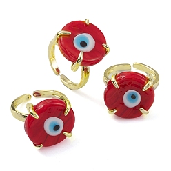Red Lampwork Evil Eye Open Cuff Ring, Light Gold Brass Lucky Jewelry for Women, Lead Free & Cadmium Free, Red, US Size 6 1/4(16.7mm)