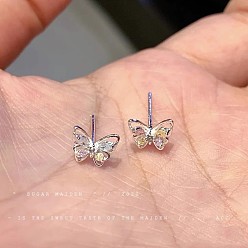 Platinum Butterfly Alloy Rhinestone Studs Earrings, with Rhodium Plated 925 Sterling Silver Pins, Platinum, 50x50mm