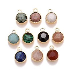 Mixed Stone Faceted Natural Gemstone Charms, Ion Plating(IP) 304 Stainless Steel Settings, Real 18K Gold Plated, Flat Round, 10x7.5x5mm, Hole: 1.8mm