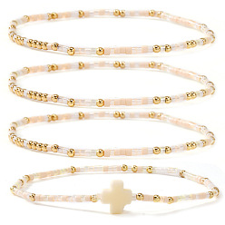 (404) Непрозрачное AB Кислое яблоко 4шт. винтажные цилиндрические браслеты из бисера и латунных бусин, с пластиковым крестом, золотые, цветочный белый