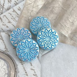 Sky Blue Czech Glass Beads, Flat Round with Flower, Sky Blue, 18mm